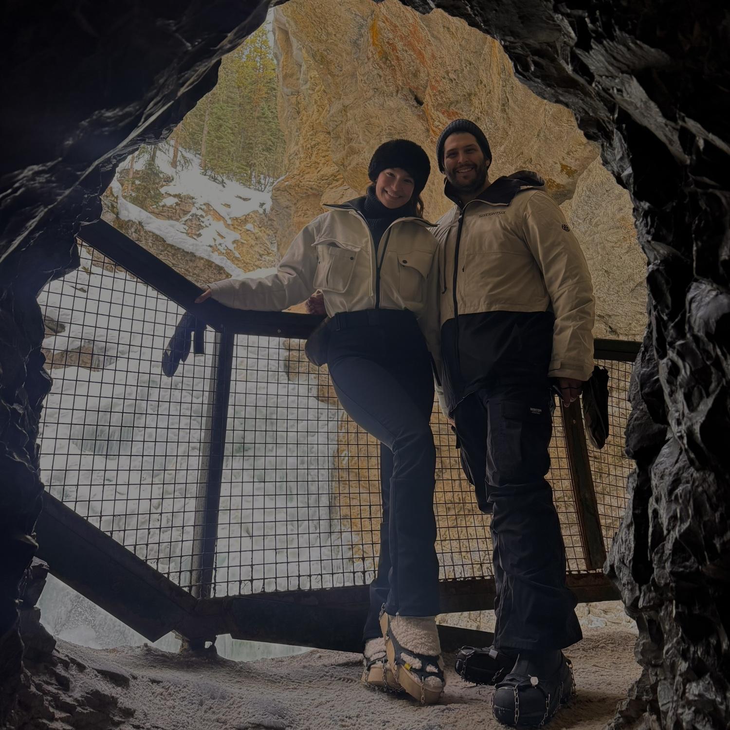 Snow shoeing our way to a frozen waterfall in Banff!