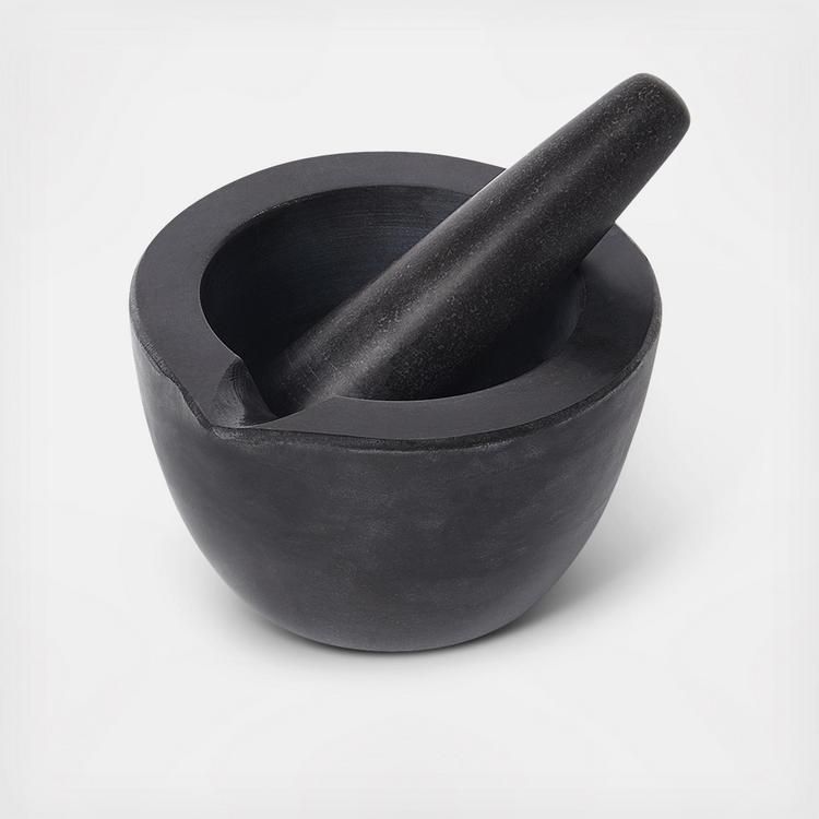 Mortar and Pestle Set with Wood Base, Polished Non Scratch Marble Granite  Grinder Bowl, Black 