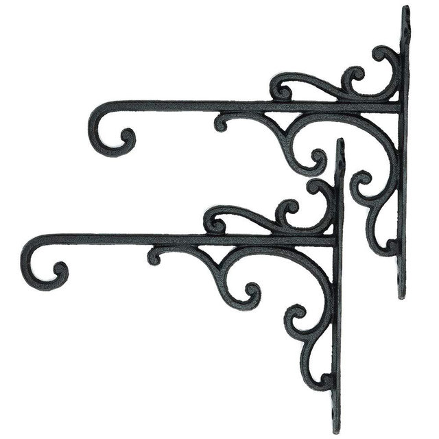 Sungmor Cast Iron Wall Hook Plant Hangers - Home & Garden Heavy Duty Hanging Bracket Plant Hooks - 2PC BLACK Decorative Wall Mount Hooks for Hanging Planter Pot Bird Feeder Birdcage Lantern Wind Chime