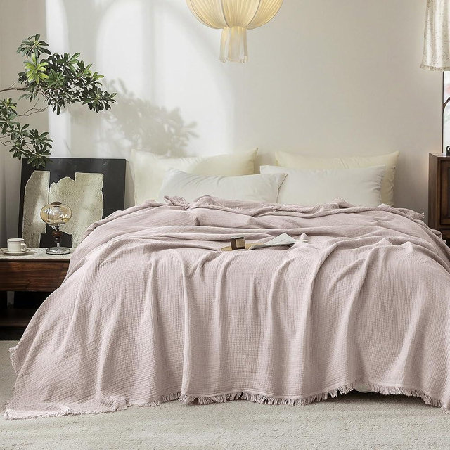 FOSSA Muslin Blanket with Fringe - 4-Layer 100% Cotton Gauze Super Soft & Breathable Throw -Lightweight Decorative Cooling Blanket for Bed, Sofa, Office (Greyish Pink, Queen (90" × 90"))