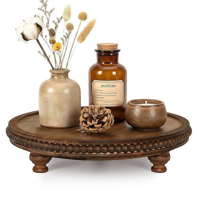 EOSAHR Beaded Round Display Riser for Room Decor – 3-Leg Wooden Pedestal Stand for Coffee Table, Cake Stand, Perfume & Vanity Organizer – Boho Home Decor for Living Room (Vintage Brown)