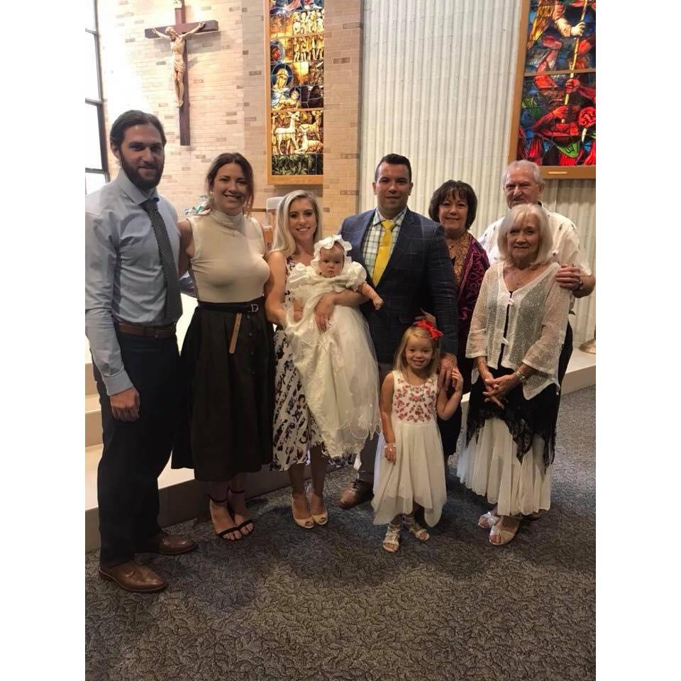 Katy's niece Reagan's Baptism 2018: Michael, Katy, Donna, baby Reagan, Evan, Madison, Kim, Robert, Toni.
