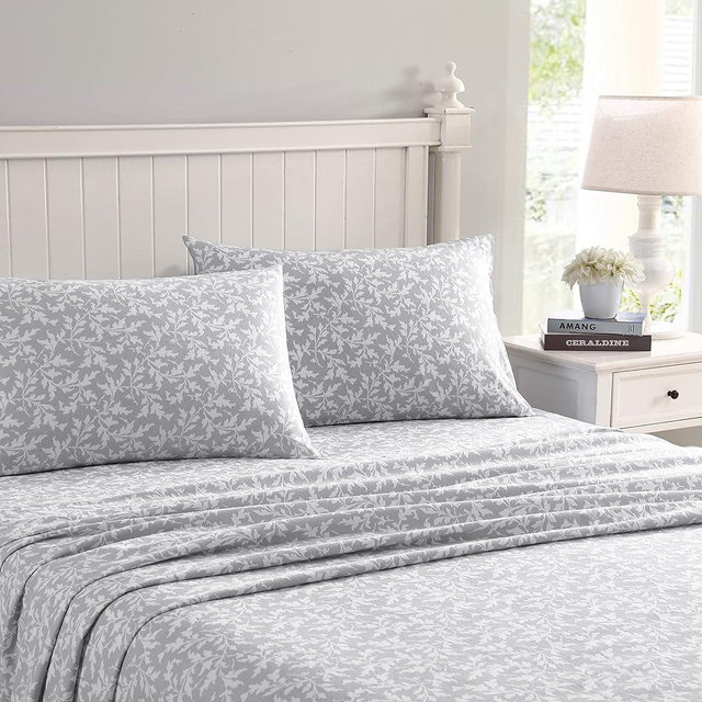 Laura Ashley - Flannel Sheets Twin Size, Anti-Pilling & Wrinkle Resistant Cotton, Touchably Soft for All-Season Comfort - Bed Sheets with Matching Pillowcase & Fitted Sheet (Crestwood Pastel Grey)