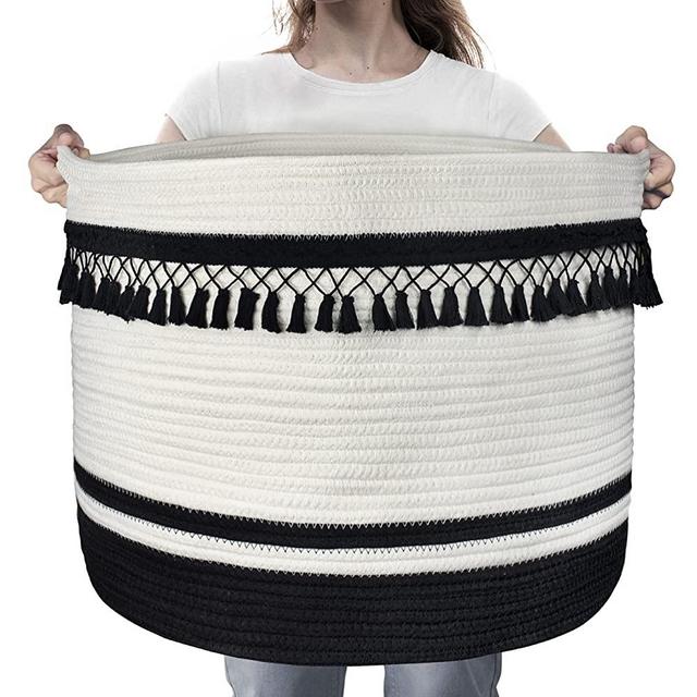 AELS XXXLarge 22"x15" Rope Boho Decor Basket Woven Baby Laundry Basket for Blankets Toys Storage Basket Bathroom with Handle Farmhouse Comforter Cushions Storage Bins Thread Hamper-Black and White