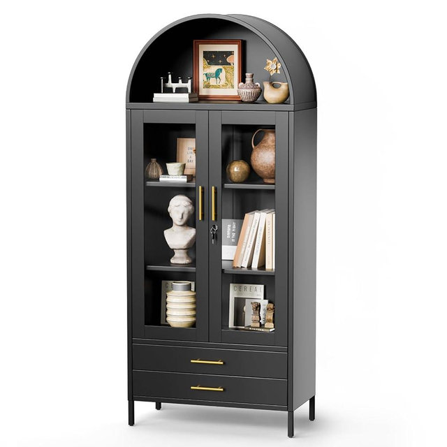 Holiwei 73" Tall Arched Cabinet, Metal Kitchen Pantry with Glass Doors, Modern Display Cabinet with 2 Drawers and 2 Adjustable Shelves for Living Room