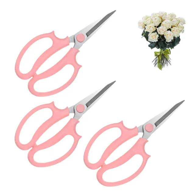 Unique Bargains Stainless Steel Garden Comfortable Grip Flower Pruning Scissor 3Pcs Pink