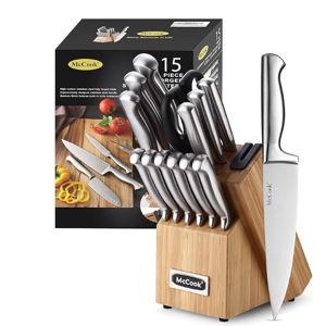 McCook® Knife Sets,German Stainless Steel Knife Block Sets with Built-in Sharpener, 15 Piece Chef Knife and More, Razor Sharp, Restaurant Grade, Anti-Rust, Elegant Box for Gift