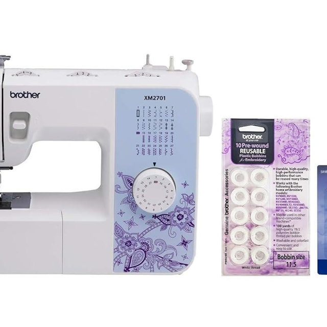 Brother XM2701 27-Stitch Sewing Machine, 10-Pack Pre-Wound Bobbins and 5-Piece Sewing Machine Needles