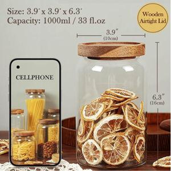 Labina Glass Storage Container Airtight Food Jars Kitchen Canister with Wood Lids, 33 Oz Wide Mouth Pantry Organization Glass Jar for Flour, Sugar, Cookie, Spagetti, Nuts and Candy