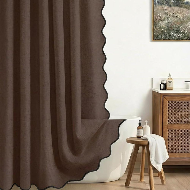 XOGUIBO Linen Shower Curtain Flax Brown Cute Black Scalloped Boho Modern Shower Curtains for Bathroom Set, 72" W x 72" L