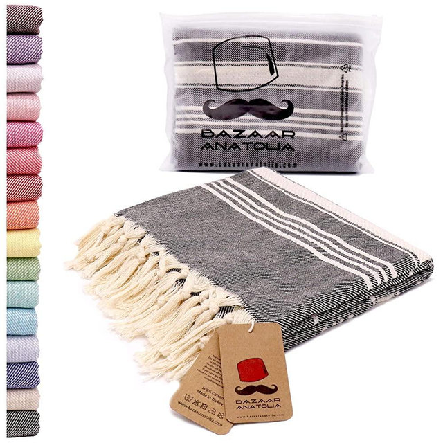 Bazaar Anatolia Stripe Turkish Towel 100% Cotton Peshtemal 75x38 XL Oversized Bath Beach Sand Free Travel Shower Bathroom Pestemal Soft Thin Lightweight Travel Pool Quick Dry Striped Towels (Black)