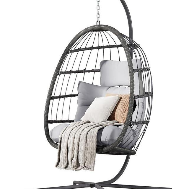 HWB Hanging Egg Chair with Stand, Patio Wicker Egg Swing Chair with Cushion for Bedroom Garden Indoor Outdoor (Grey)