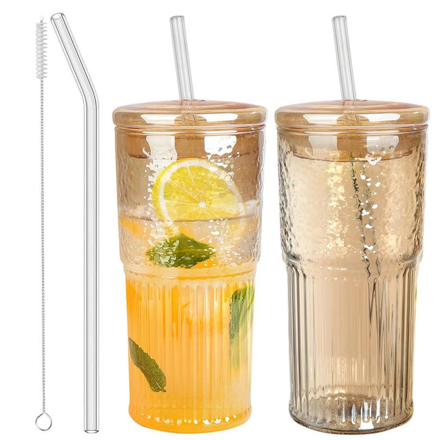 Glass Cups with Lids and Straws, Amber 20 OZ Iced Water Glasses Tumblers for Ice Juice, Tea, Milk, Smoothie and Cold or Hot Drinks, Set of 2