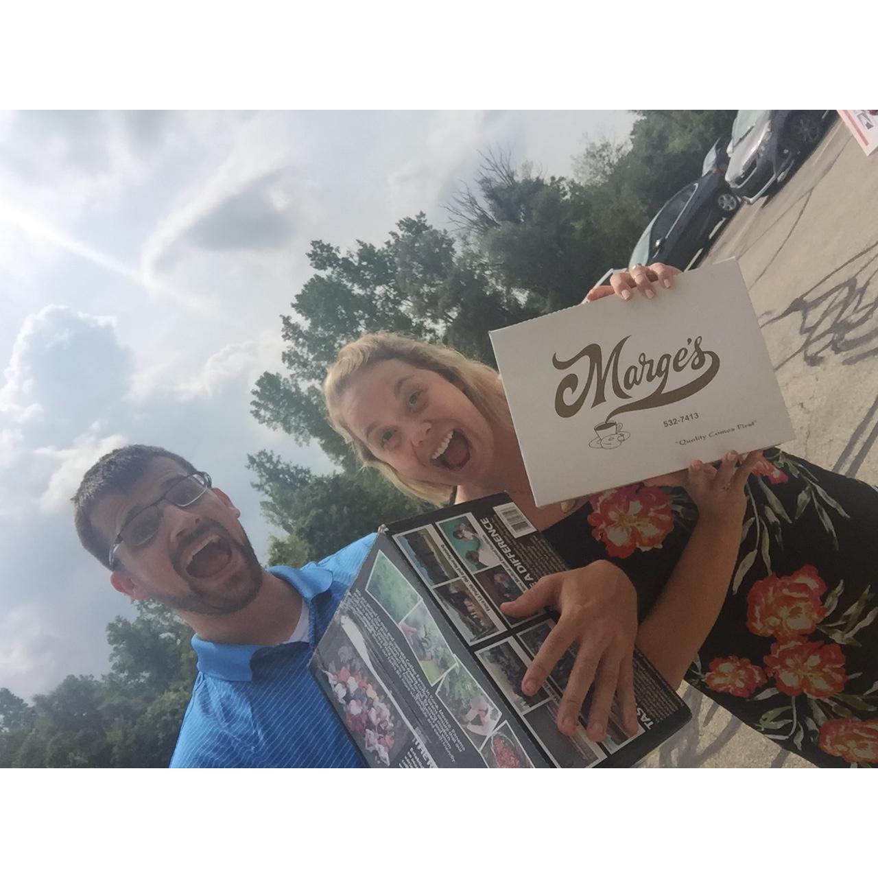 Coworkers quickly turned to best friends... our days at Komen were spent nearly inseparable.
(Such as here, trying to see the eclipse in our viewing boxes.)