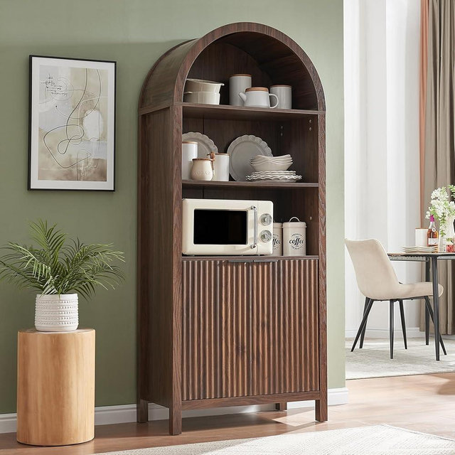WINWY Arched Cabinet Bookshelf Bookcase - 71” Tall Mid Century Arched Display Cabinets, Rounded Bookshelf with Fluted Doors, Open Shelf Storage Cabinet for Dining Room (Walnut)