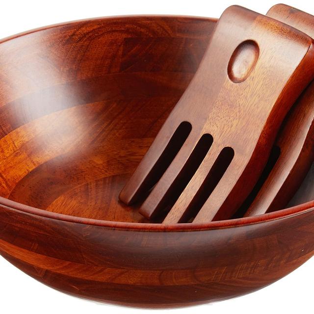Lipper International Cherry Finished Footed Serving Bowl with 2 Salad Hands, Large, 13.75" Diameter x 5" Height, 3-Piece Set