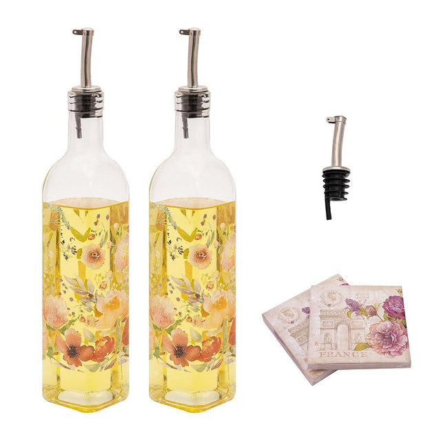 Topadorn 17 oz Olive Oil Dispenser Bottle Set for Kitchen, 2 Pcs Glass Oil Dispenser Bottle with Stainless Steel Pourers, 2 Packs of Napkins, Pink Flowers