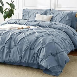 CozyLux California King Comforter Set Mineral Blue, Cal King Pintuck Bed in A Bag 7 Pieces, All Season Bed Set Gift for Family, Pinch Pleat Bedding Sets with Comforter, Sheets, Pillowcases & Shams