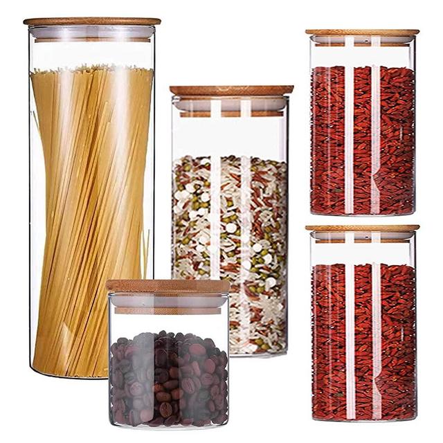 Small Pyrex Glass Food Storage Containers Airtight Pantry Kitchen Clear Jar With Bamboo Lids For Organizing Spice Flour Sugar Coffee Bean Candy Salt Tea Spaghetti