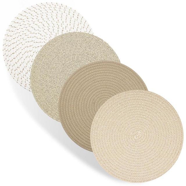 Round Placemats Set of 4, Cotton Rope Thick Place Mats, Heat Resistant Woven Table Mats, Hot Pads for Kitchen, 13 Inches Braided Placemat for Farmhouse and Kitchen Table Decor (Mixed Brown)