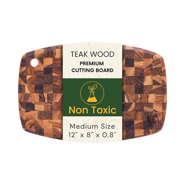 Teak Wood Oval End Grain Cutting Board 12" x 8" x 0.8", Small Solid Wood Kitchen Cutting Board for Fruit & Cheese Prep, Decorative Serving Board with Hanging Hole by New M Way