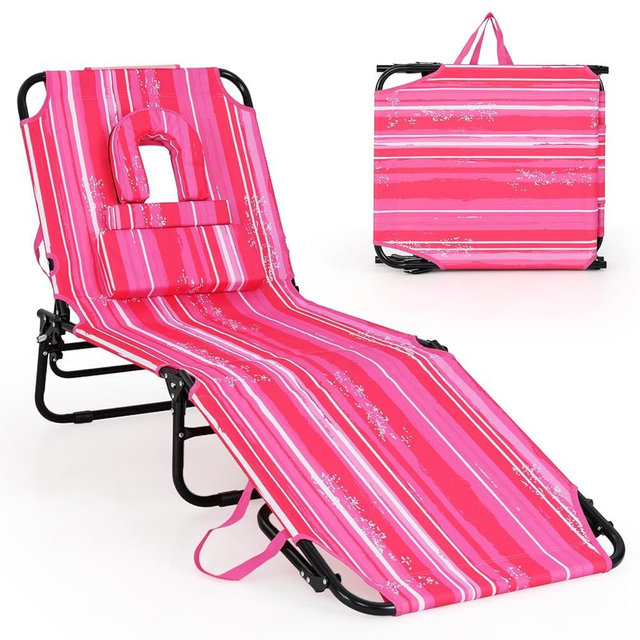 GYMAX Tanning Chair, 350lbs Beach Lounge Chair with Face Hole, Washable Pillow & Carry Strap, Adjustable Folding Chaise Lounge, Layout Lounger for Outside, Patio, Poolside, Lawn (1, Pink Stripe)