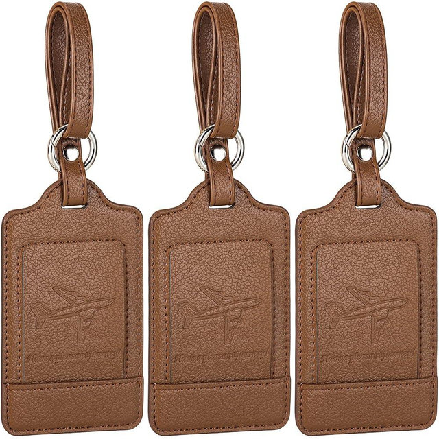Teskyer Luggage Tags, 3 Pack Premium PU Leather Luggage Tags for Suitcases, Privacy Protection Travel Bag Tags, Lichee Coffee