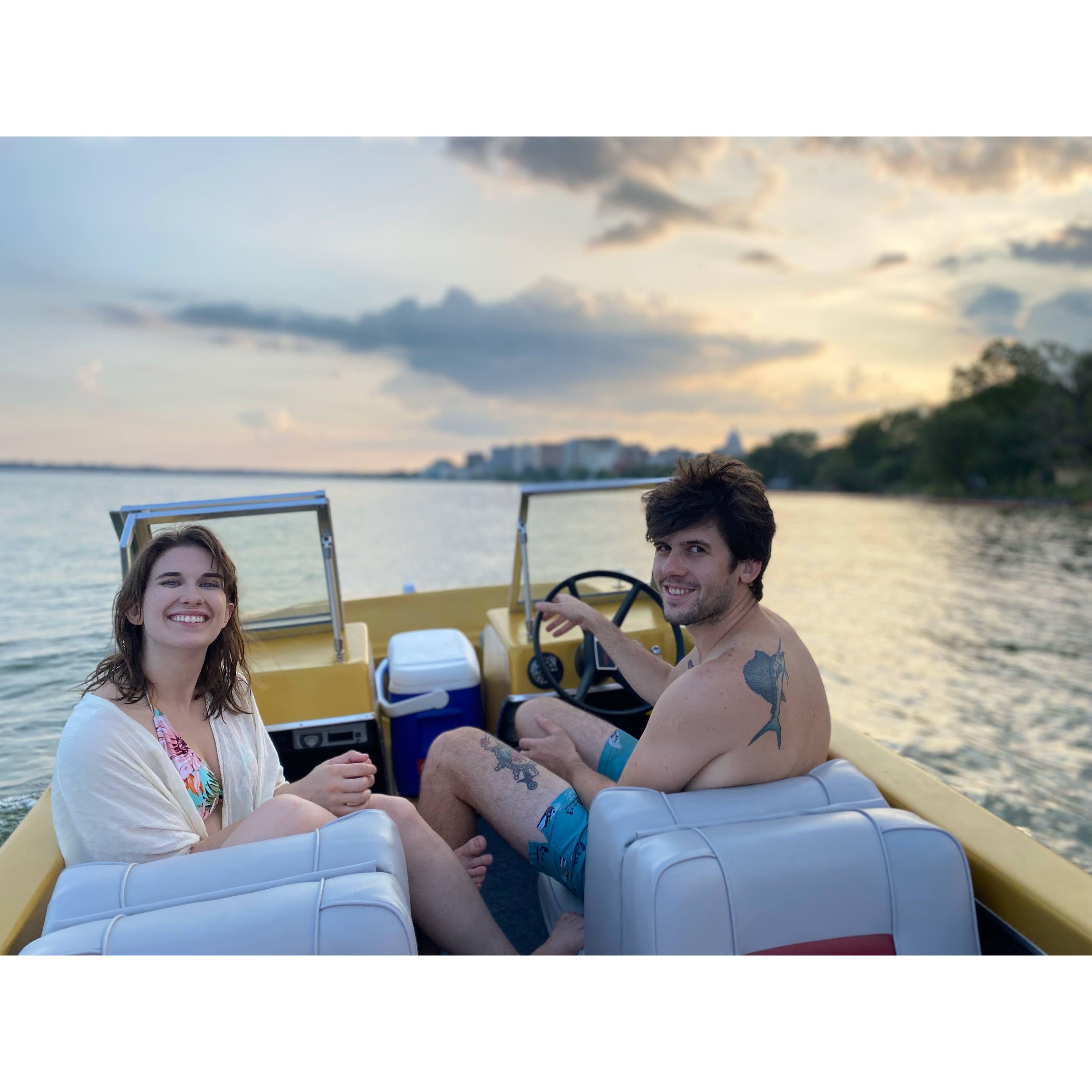 Enjoying the lake in Trev's boat.