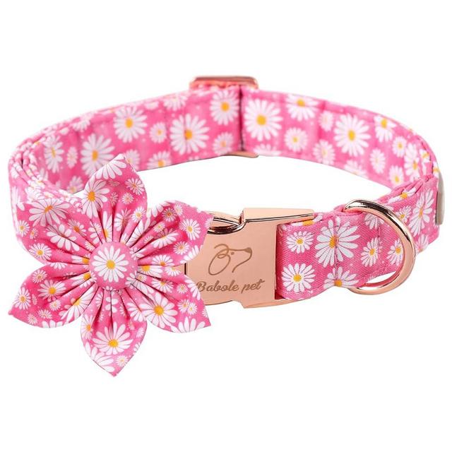 Babole Pet Dog Collars with Flower Tie,Summer Pink Daisy Flower Dog Collar with Safety Metal Buckle Adjustable Puppy Collars for Small Medium Large Dog,Boy&Girl Dog Collar Gift,M-Neck 13.5"-22"