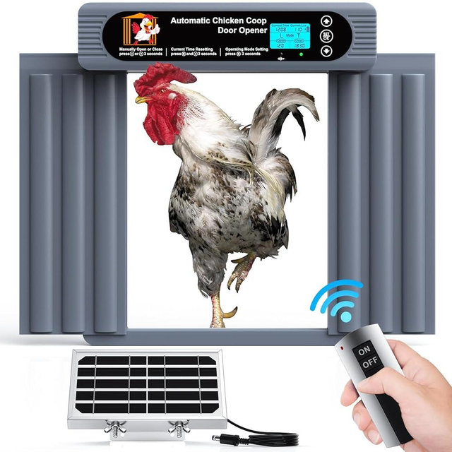 GROPOW Automatic Chicken Coop Door, Anti-Pinch Protection, Large LCD Display, Programmable Timer & Light Sensor Modes, Large Solar Powered Auto Chicken House Door Opener with Remote Control(50M)
