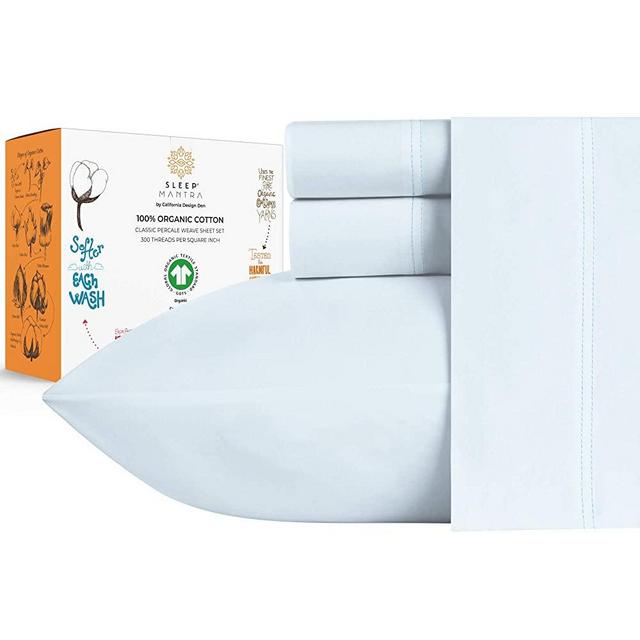Luxury Collection Organic Cotton Percale Sheets 100% Natural Fiber Bedding Set (Queen, Blue)