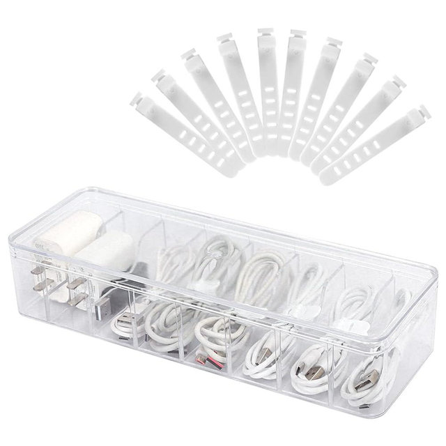 Songaa Clear Electronics Organizer Box with 10 Wire Ties, Desktop Cable Management Box with Lid, Acrylic Cord Organizer Case 8 Compartment Electronic Accessories Case for Desk Drawer, Office, Home