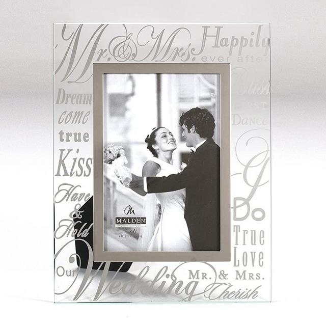 Malden International Designs Mirrored Glass With Silver Metal Inner Border Mr. and Mrs. Picture Frame, 4x6, Silver