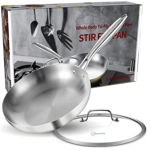 LOLYKITCH 8.5 Inch Tri-ply Stainless Steel Frying Pan with Lid,Skillet,Induction Cooking Pan,Dishwasher and Oven Safe,Riveted Handle