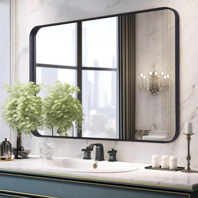KOMCOTE Bathroom Mirror, Black Mirror for Bathroom, Black Metal Framed Bathroom Mirror for Wall, 40 x 30 Inch Wall Mirror, Matte Black Bathroom Mirror, Wall Mounted Mirror Farmhouse