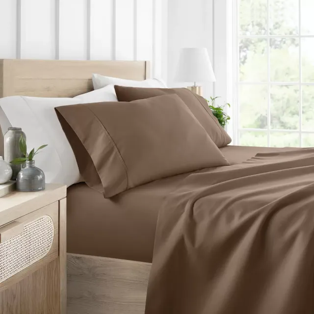 4 Piece Bed Sheet Set Solid Double Brushed Microfiber, Ultra Soft - Becky Cameron, Taupe Beige, King