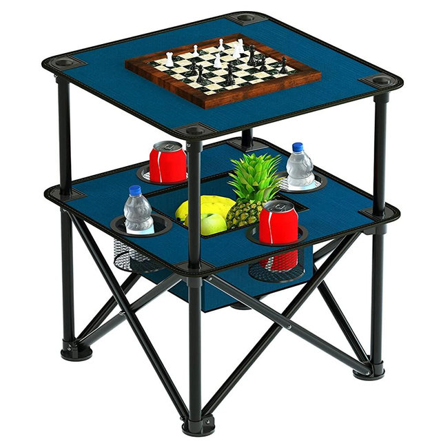 Folding Camping Table Portable Outdoor Camp Side Table Lightweight Square Picnic Table with Built-in 4 Cup Holders and Food Basket and Travel Bag for Barbeque Picnic Camping and Tailgate Blue