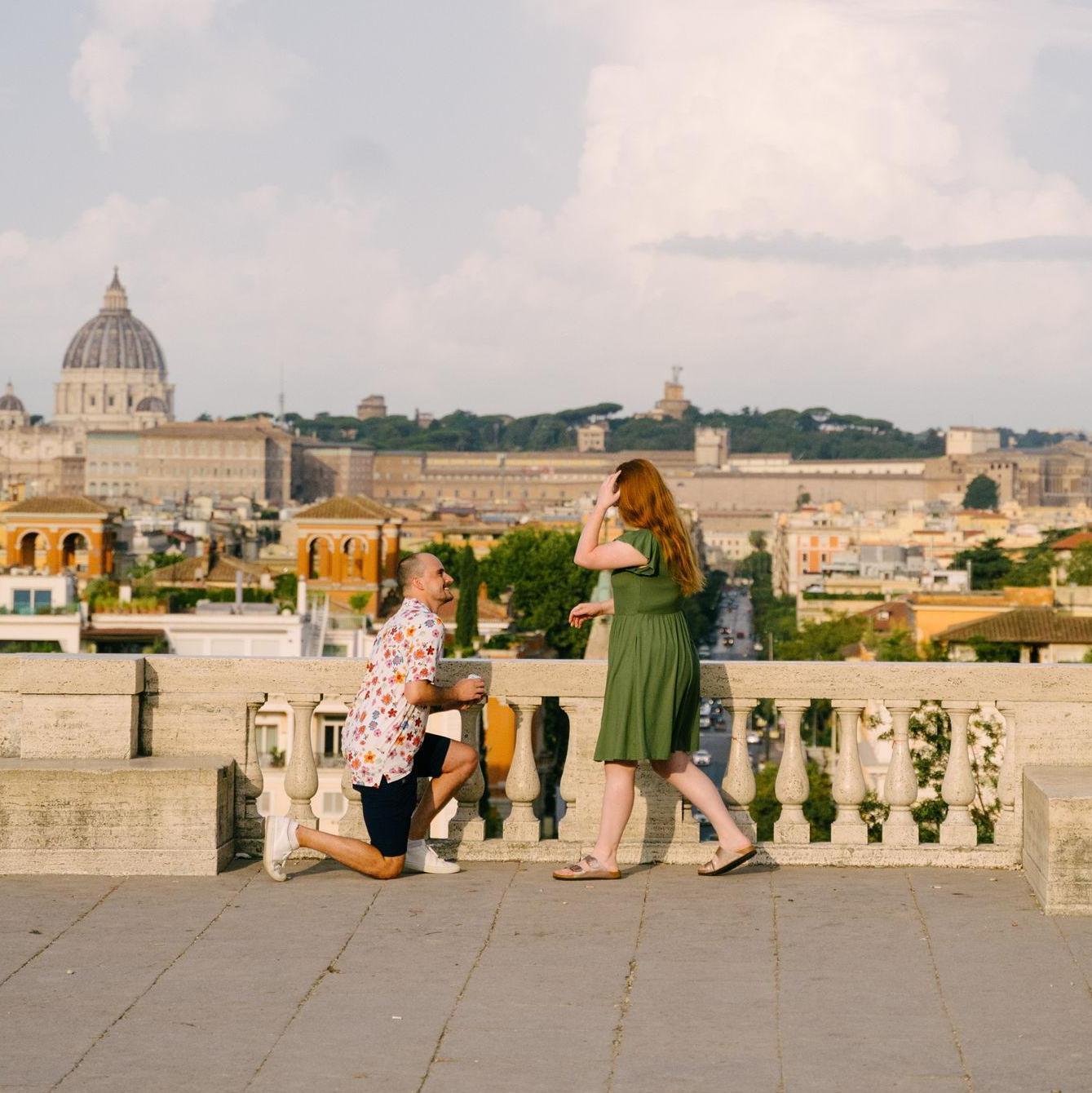 Adam proposed at an overlook of the Piazza del Popolo in Rome, Italy! Emily said yes. Photo credit: Stas Varych. 8.19.2024