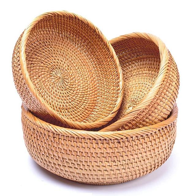 Homedy Crafts Wicker Storage Basket for Fruit Bread Vegetable Natural Rattan Baskets for Storage Bowls Key Round Wicker Baskets in Kitchen Table Countertop Home Decor Stackable Set 3 (Honey Brown)