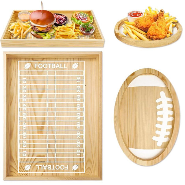 JarThenaAMCS 2Pcs Football Serving Tray 16 Inch Natural Wood Color Plates Reusable Wooden Serving Trays and Platters for Football Season Game Party