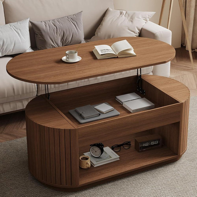 Lift-top Fluted Coffee Table with 2 Tier Shelf and Hidden Storage Compartment for Living Room, 47-Inch Large Wood Modern Center Table with Oval Lifting Tabletop for Apartment, Dark Brown