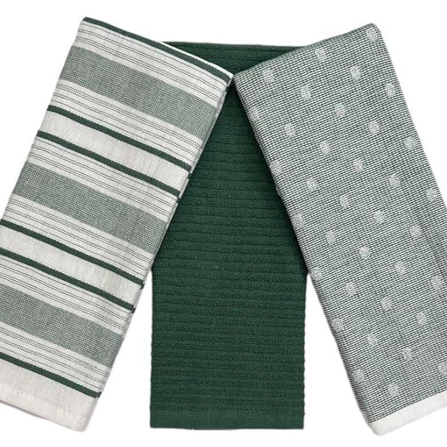 Sage Green White Kitchen Hand Dish Towels: Oversized 28" x 16",100% Cotton Cloth Soft Cleaning Drying Absorbent Striped Solid Polka Dot Design, Set of 3 Multipurpose for Everyday Use (Green Austin)