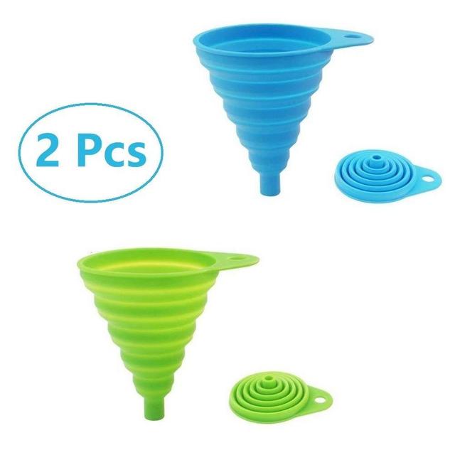 2 Pack Silicone Collapsible Funnel, Flexible/Foldable/Kitchen Funnel for Water Bottle Liquid Transfer Narrow and Wide Mouth Funnels Hopper (Green and Blue）