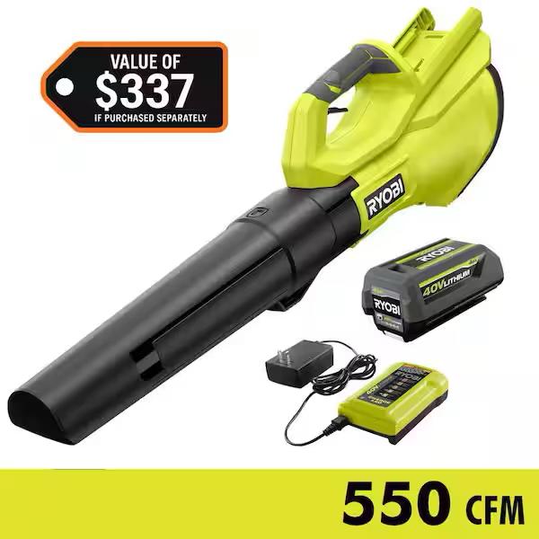 RYOBI 40V 120 MPH 550 CFM Cordless Battery Leaf Blower With 4.0 Ah Battery and Charger RY40LB01K