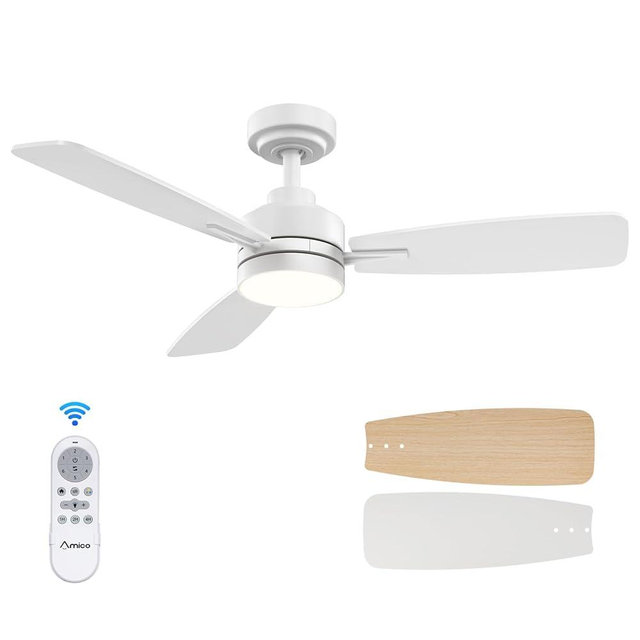 Amico Ceiling Fans with Lights, 44 inch Ceiling fan with Light and Remote Control, Reversible, 3CCT, Dimmable, Noiseless, Small White Ceiling Fan for Bedroom, Indoor/Outdoor Use