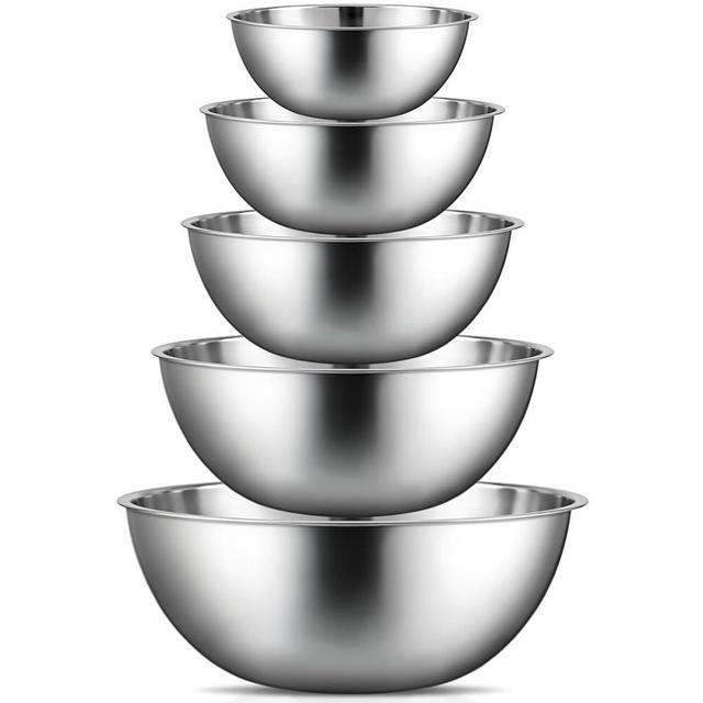 Domensi Stainless Steel Mixing Bowls Set - 5-piece Polished Mirror Nesting Bowls 1.25, 2.75, 4.25, 6.25, 8 Quart Thickened Material Ideal for Kitchen, Cooking, Baking and Storage, Deep