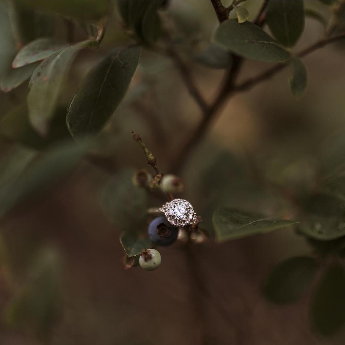 Emily's ring uniquely symbolizes our two families coming together. The gold came from Emily's mom's wedding band and the halo diamonds came from a pair of earrings passed down to me from my dad's mom.
