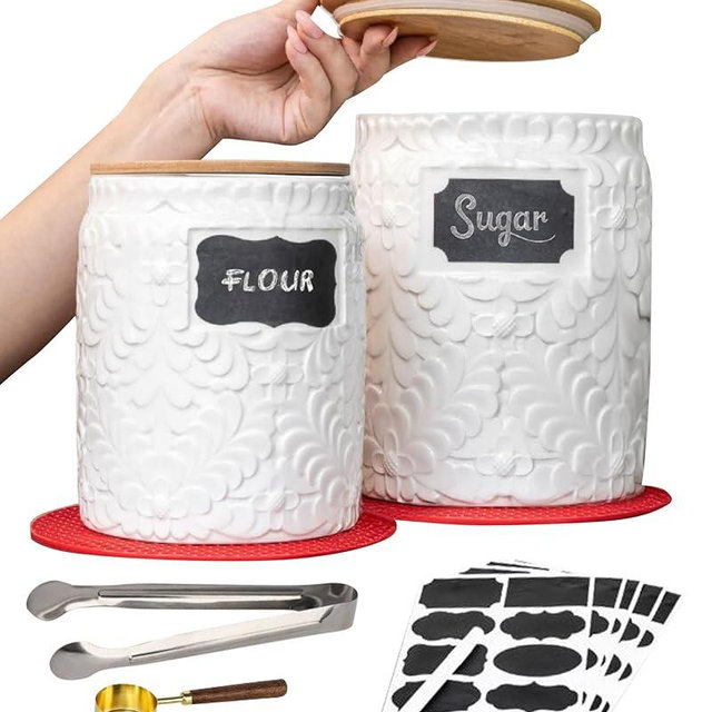 Ceramic Kitchen Canister Set of 2 - 94/52 Oz Ceramic Food Storage Containers, Airtight Bamboo Lid, Decorative Flour Coffee Sugar Canister, Food Container with Lid for Coffee, Sugar, Tea, Cookie Jar