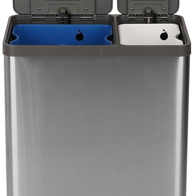 Simpli-Magic 60 Liter / 16 Gallon Rectangular Hands-Free Dual Compartment Recycling Kitchen Step Trash Can with Soft-Close Lid, Brushed Stainless Steel (38L x 22L Capacity)