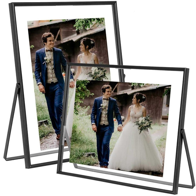 Qiannhee Floating Frame(Vertical & Horizontal),8x10 Black Picture Frame Hold 7x9in 6x8in 5x7in Photo for Tabletop Display, Glass Metal Black Frame Set of 2 as Valentine's Day, Wedding Gift